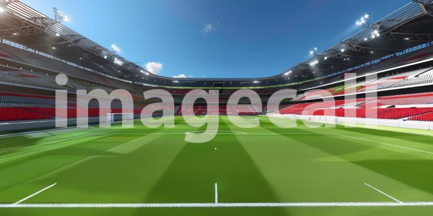 Awaiting the Roar of the Crowd: A Modern Sports Stadium Under a Clear Sky