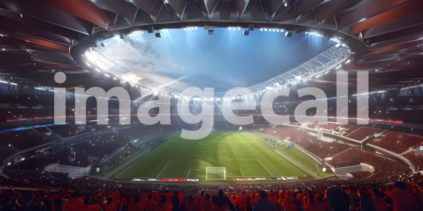 Awaiting the Roar of the Crowd: A Modern Sports Stadium Under a Clear Sky