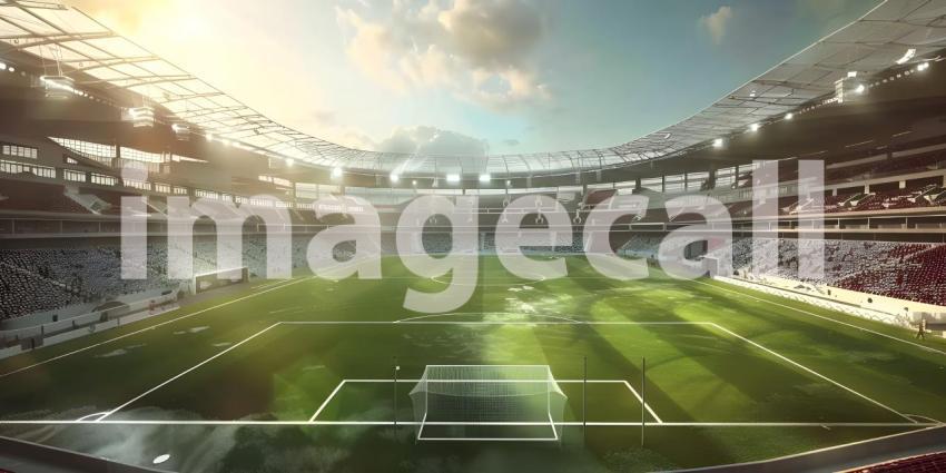 Awaiting the Roar of the Crowd: A Modern Sports Stadium Under a Clear Sky