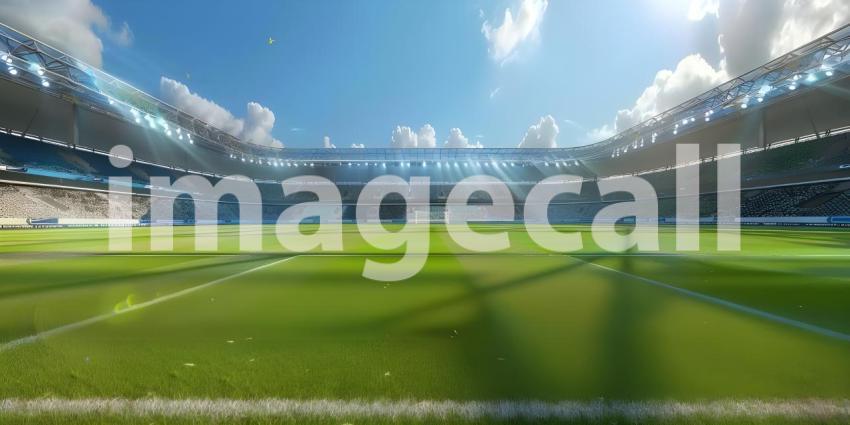 Awaiting the Roar of the Crowd: A Modern Sports Stadium Under a Clear Sky