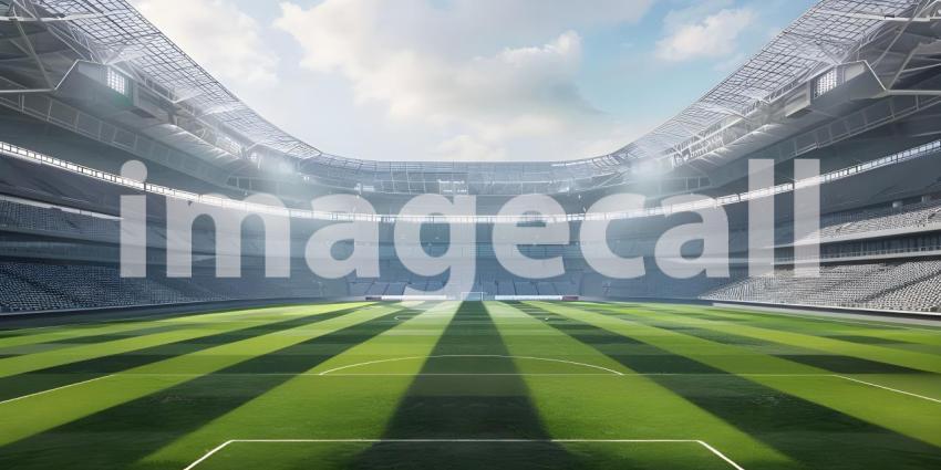 Awaiting the Roar of the Crowd: A Modern Sports Stadium Under a Clear Sky