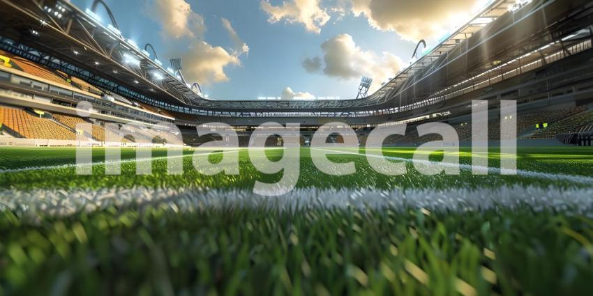 Awaiting the Roar of the Crowd: A Modern Sports Stadium Under a Clear Sky