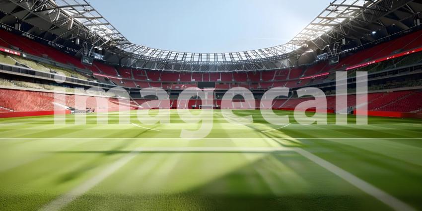 Awaiting the Roar of the Crowd: A Modern Sports Stadium Under a Clear Sky