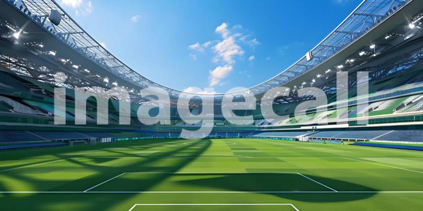 Awaiting the Roar of the Crowd: A Modern Sports Stadium Under a Clear Sky