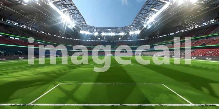 Awaiting the Roar of the Crowd: A Modern Sports Stadium Under a Clear Sky