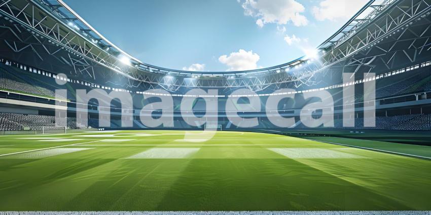 Awaiting the Roar of the Crowd: A Modern Sports Stadium Under a Clear Sky