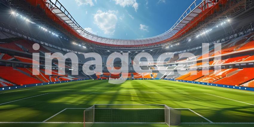 Awaiting the Roar of the Crowd: A Modern Sports Stadium Under a Clear Sky