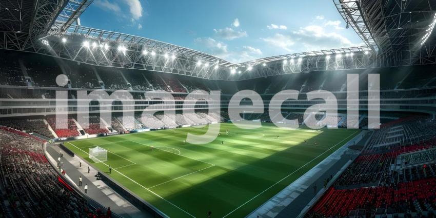 Awaiting the Roar of the Crowd: A Modern Sports Stadium Under a Clear Sky