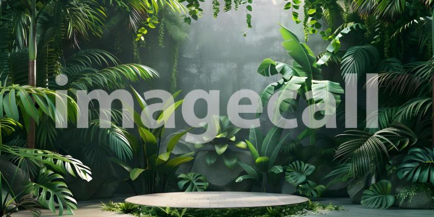 A Lush Oasis: A Tropical Scene with a Circular Platform