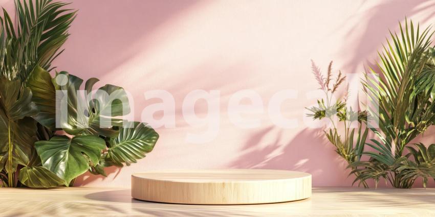 Tropical Display Stage: A Wooden Platform on a Light Floor, Framed by Lush Green Foliage and a Soft Pink Backdrop.