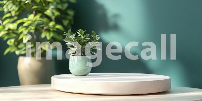 Tropical Display Stage: A Wooden Platform on a Light Floor, Framed by Lush Green Foliage and a Soft Pink Backdrop.