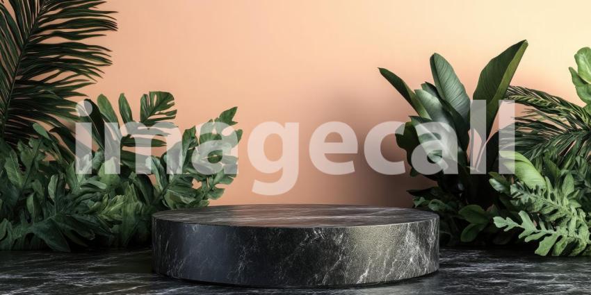 Tropical Display Stage: A Wooden Platform on a Light Floor, Framed by Lush Green Foliage and a Soft Pink Backdrop.