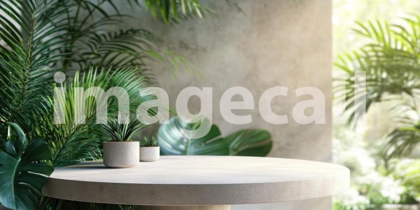 Tropical Display Stage: A Wooden Platform on a Light Floor, Framed by Lush Green Foliage and a Soft Pink Backdrop.