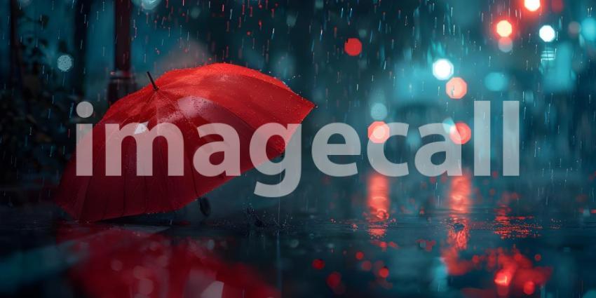 A Dash of Red in the Night: A Lonely Umbrella in the Rain