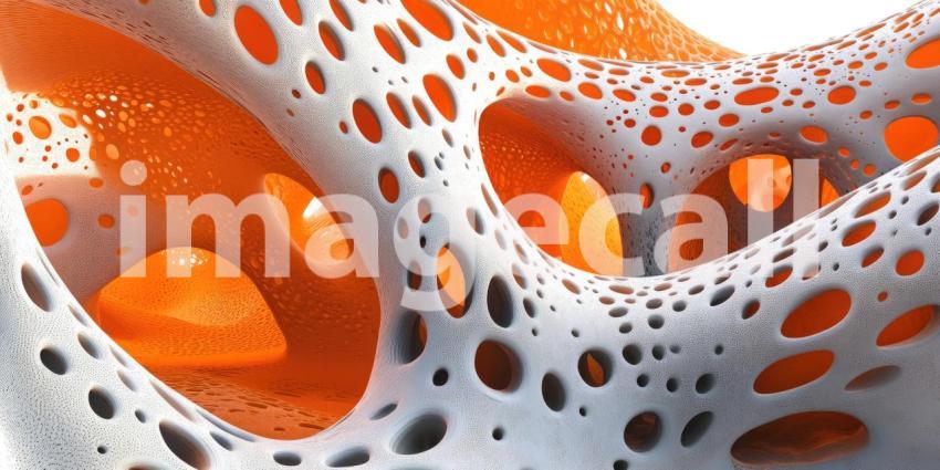 Porous Orange and White Structure: An Abstract 3D Form with Interconnected Holes and Contrasting Colors.