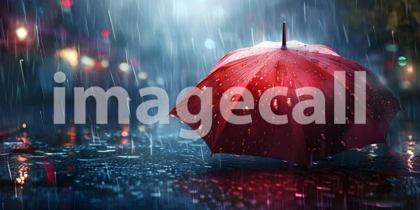 A Dash of Red in the Night: A Lonely Umbrella in the Rain