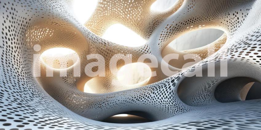 Porous Orange and White Structure: An Abstract 3D Form with Interconnected Holes and Contrasting Colors.