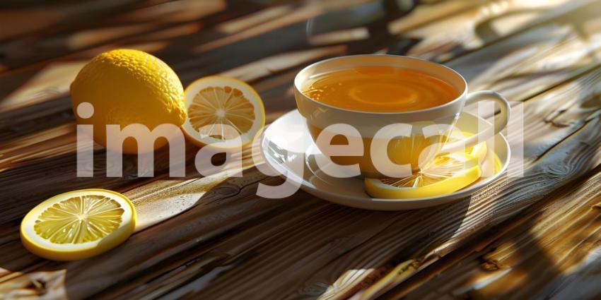A Sunlit Moment: Lemon Tea and Warmth on a Wooden Table
