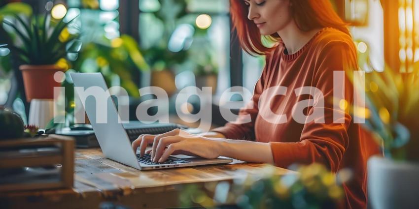 Focused Productivity: Person Typing on Laptop at Glass Desk with Natural Light and Blurred Indoor Background