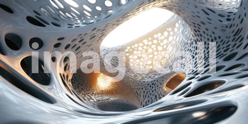 Porous Orange and White Structure: An Abstract 3D Form with Interconnected Holes and Contrasting Colors.
