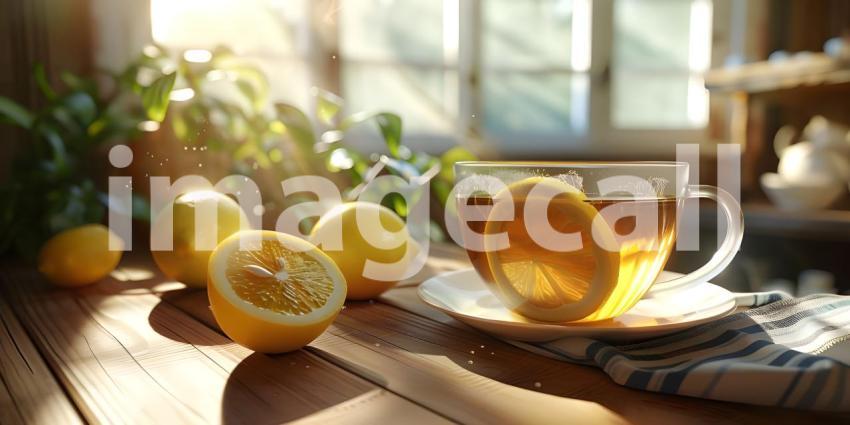 A Sunlit Moment: Lemon Tea and Warmth on a Wooden Table