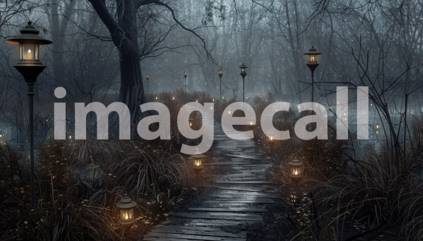 Cspreeti Front view of a forgotten path lined with ghostly la 4fb90966 1ce6 4e21 9c83 488532289f0c 2