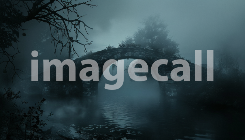 Cspreeti Front view of a mist covered bridge arching over dar 45d4a4e0 9087 4d4a af60 00aefd1a144c 2