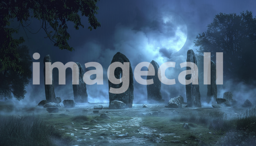 Cspreeti Front view of a stone circle enveloped in mist where 0a72e151 726b 4694 8af6 49d752e7977e 0