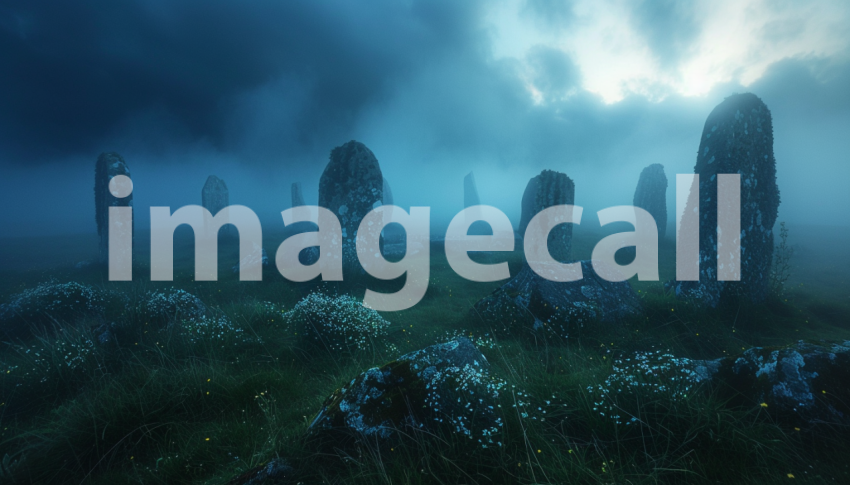 Cspreeti Front view of a stone circle enveloped in mist where 0a72e151 726b 4694 8af6 49d752e7977e 2