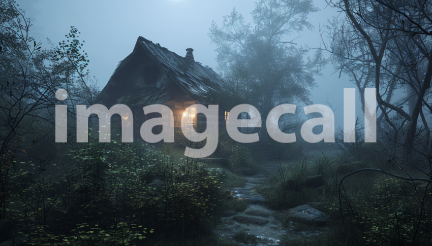 Cspreeti Front view of a dilapidated cabin hidden by thick fo b138fb0c b1be 4141 a39b a0f069880989 2