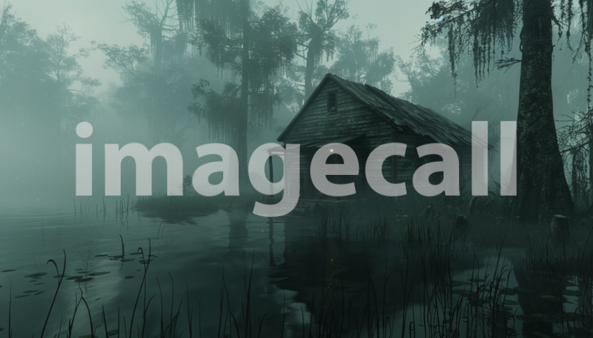 Cspreeti Front view of a dilapidated cabin hidden by thick fo b138fb0c b1be 4141 a39b a0f069880989 0