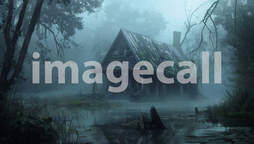 Cspreeti Front view of a dilapidated cabin hidden by thick fo b138fb0c b1be 4141 a39b a0f069880989 3