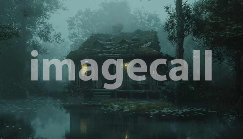 Cspreeti Front view of a dilapidated cabin hidden by thick fo b138fb0c b1be 4141 a39b a0f069880989 1