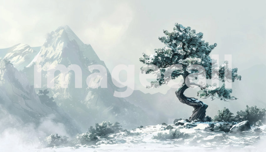 Cspreeti Digital illustration of a lone pine tree heavy with  87f73fa5 4806 4197 a250 458cc0af576c 1
