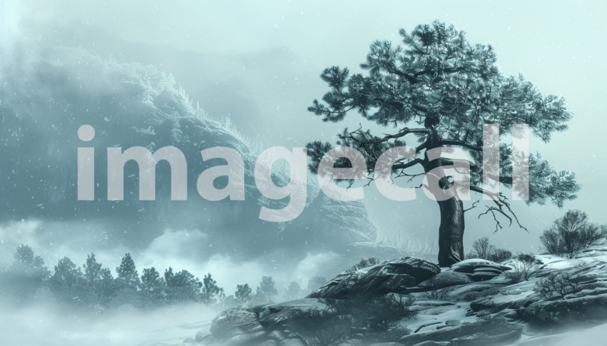 Cspreeti Digital illustration of a lone pine tree heavy with  87f73fa5 4806 4197 a250 458cc0af576c 0