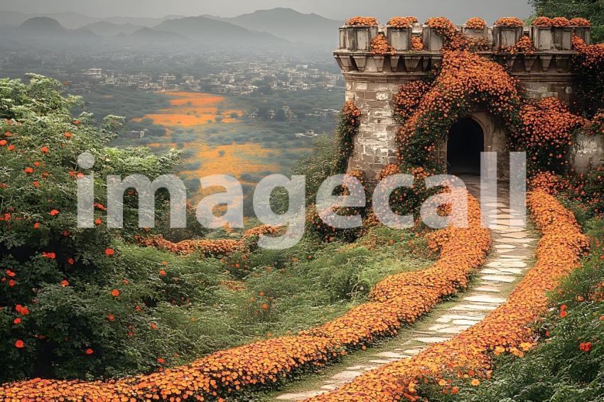 Clips12345 pov top of orange marigold covered castle wall looki 02bf33af 4df8 4a29 9046 b16fb397cc72 part2