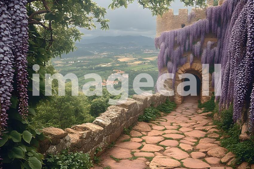 Clips12345 pov top of purple wisteria covered castle wall looki 51853cf0 f260 445f b079 44596f9ed3dc part1