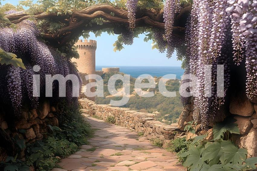 Clips12345 pov top of purple wisteria covered castle wall looki bb73603a a6f3 4379 ad0b d92c90bf6a2f part3