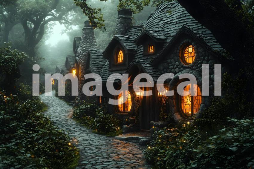 U3644368625 Fantasy village with cobblestone paths glowing la 4caa401a d213 454c 8f60 0d7ae39162d3 3