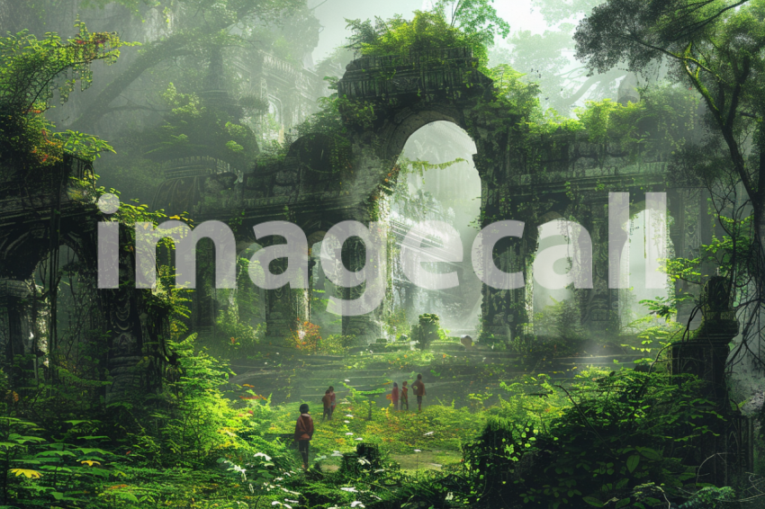 Cspreeti Children play among ancient ruins overgrown with vin 3e7ba40d 5fb1 4366 ae34 3258ff804c51 3