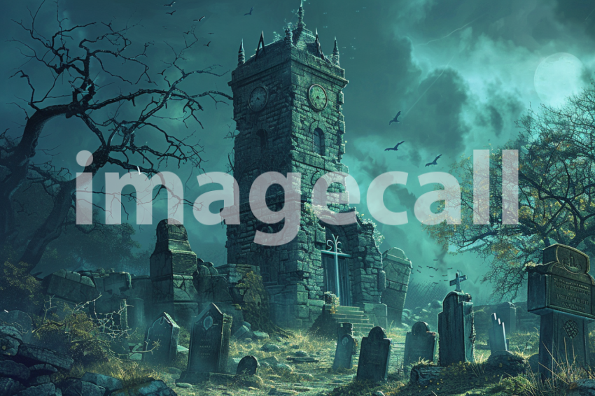 Cspreeti A haunted clock tower surrounded by an ancient cemet 298f7204 9046 4c94 9159 48b4f2a45705 0