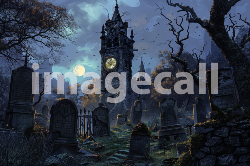 Cspreeti A haunted clock tower surrounded by an ancient cemet 298f7204 9046 4c94 9159 48b4f2a45705 1