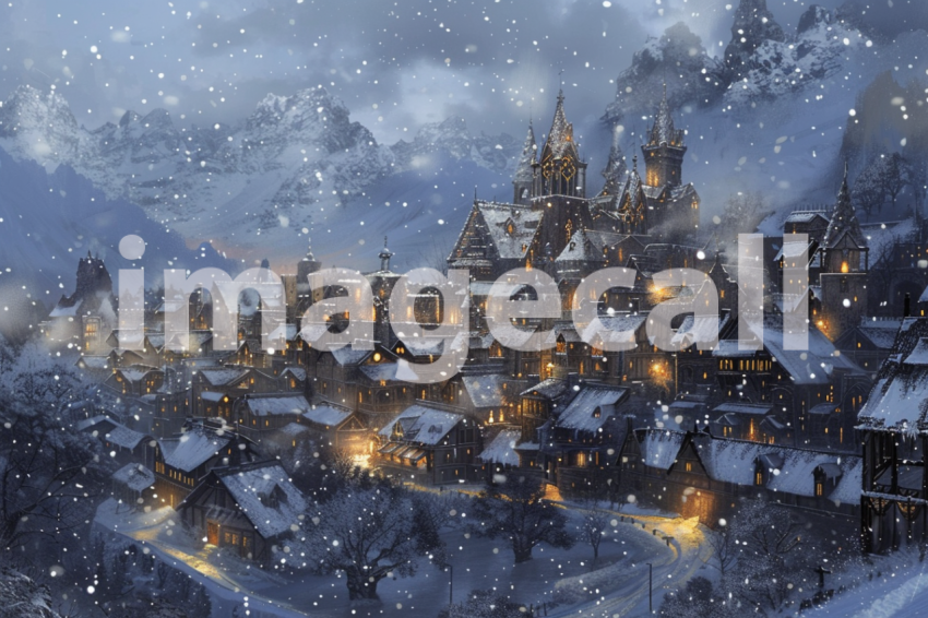 Cspreeti A village engulfed in a gentle snowfall where the fl d8bb1651 2ca0 4476 b578 7492c21b6a94 3