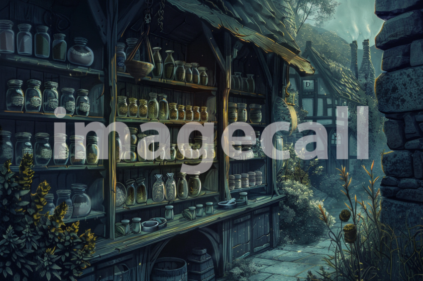 Cspreeti Haunted village apothecary its shelves lined with ja e62a1813 d4fe 4014 8361 cbe36bc54c96 2