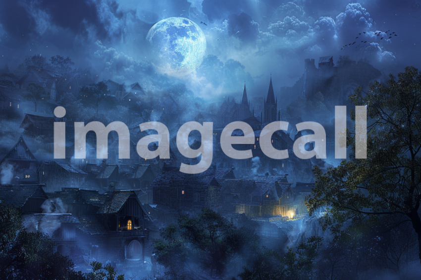 Cspreeti A village enveloped in an eerie mist under the full  04016a44 675a 452e 9237 e46d0a3ee347 0