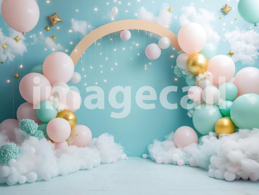 CB0002   Pastel Blue Gold Balloon Celebration (13)  Destiny Backdrops