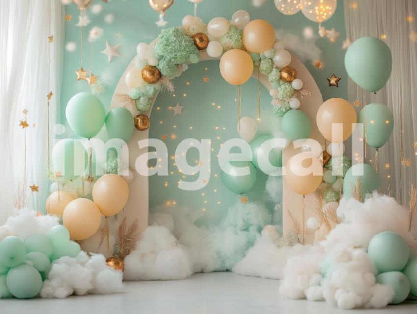 CB0002   Pastel Blue Gold Balloon Celebration (11)  Destiny Backdrops