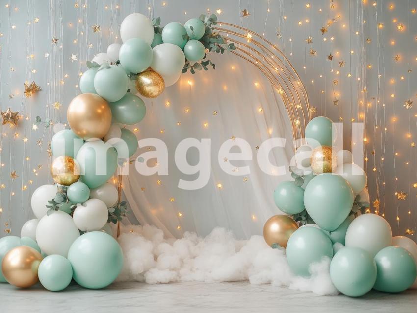 CB0002   Pastel Blue Gold Balloon Celebration (9)  Destiny Backdrops