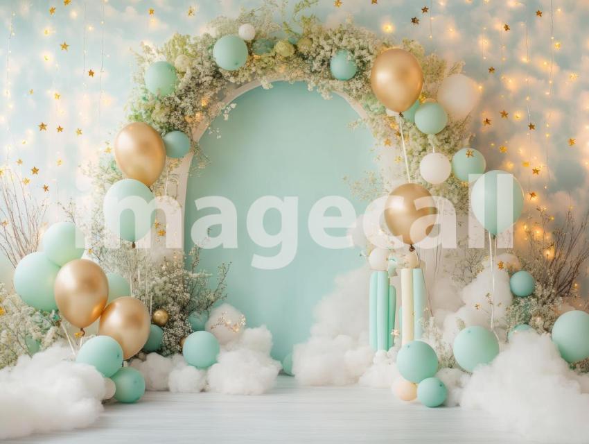 CB0002   Pastel Blue Gold Balloon Celebration (20)  Destiny Backdrops