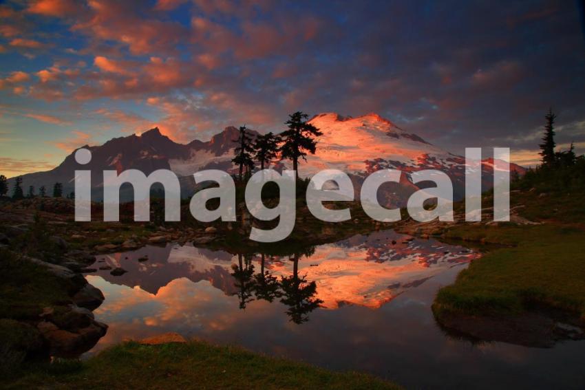 Sunset Mt Baker Reflected in a Tarn From Park Butte in The Mt Ba
